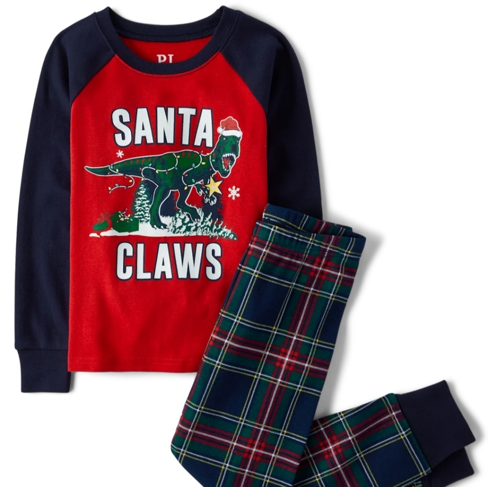 PJ Place Mens XL Santa Claws T-Rex Dinosaur Christmas Holiday Plaid Matching Set